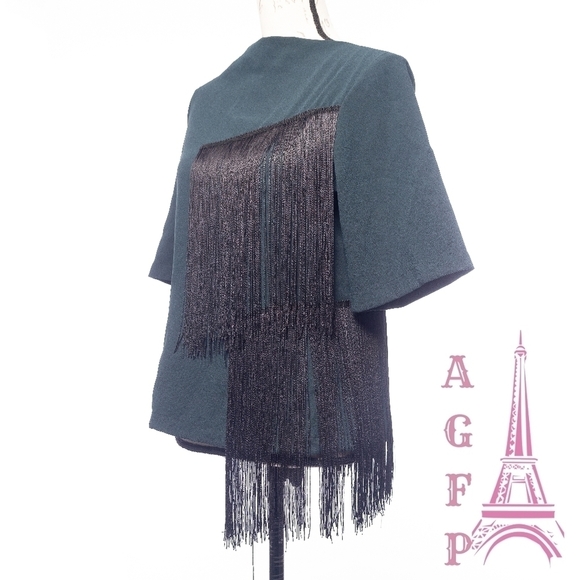 💖 2/$30 NWT Zara boho Fringe boxy dark green blouse top art to wear size XS - Picture 6 of 15